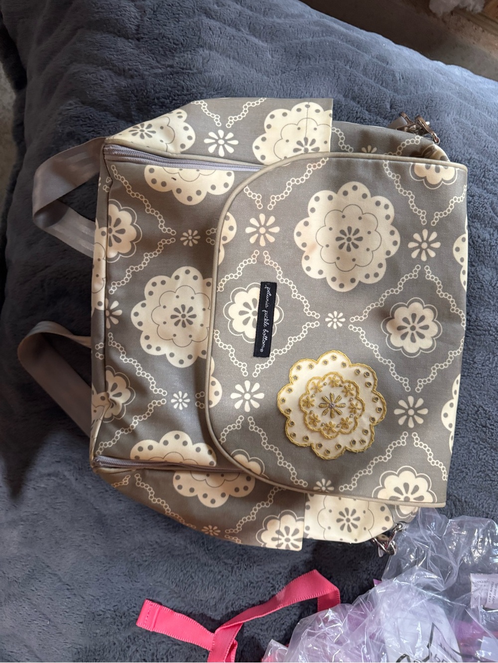 Petunia Pickle Bottom Gray and Cream Floral Diaper Backpack